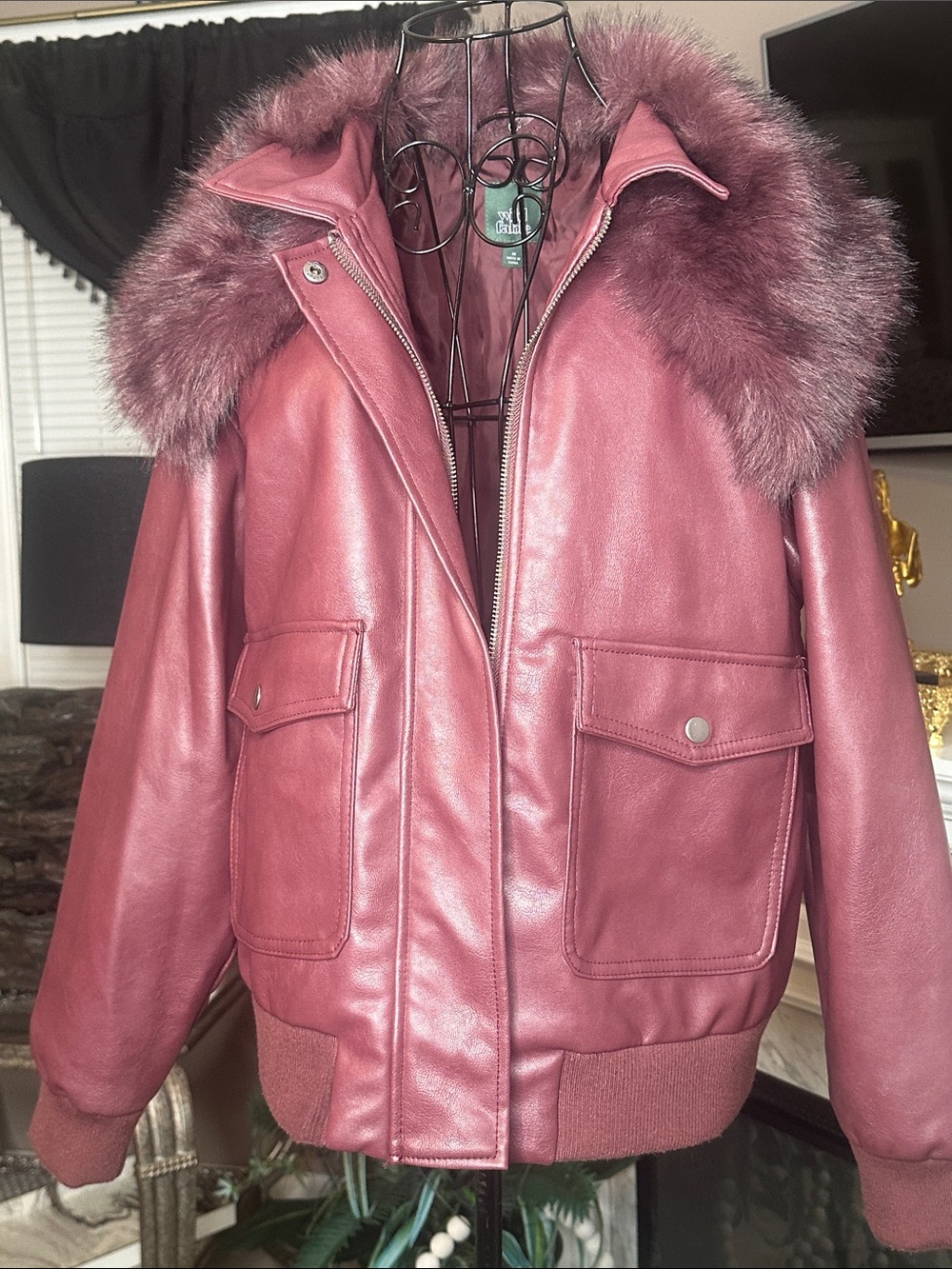 wild fable Mauve Faux Leather Bomber Jacket with Faux Fur Hood